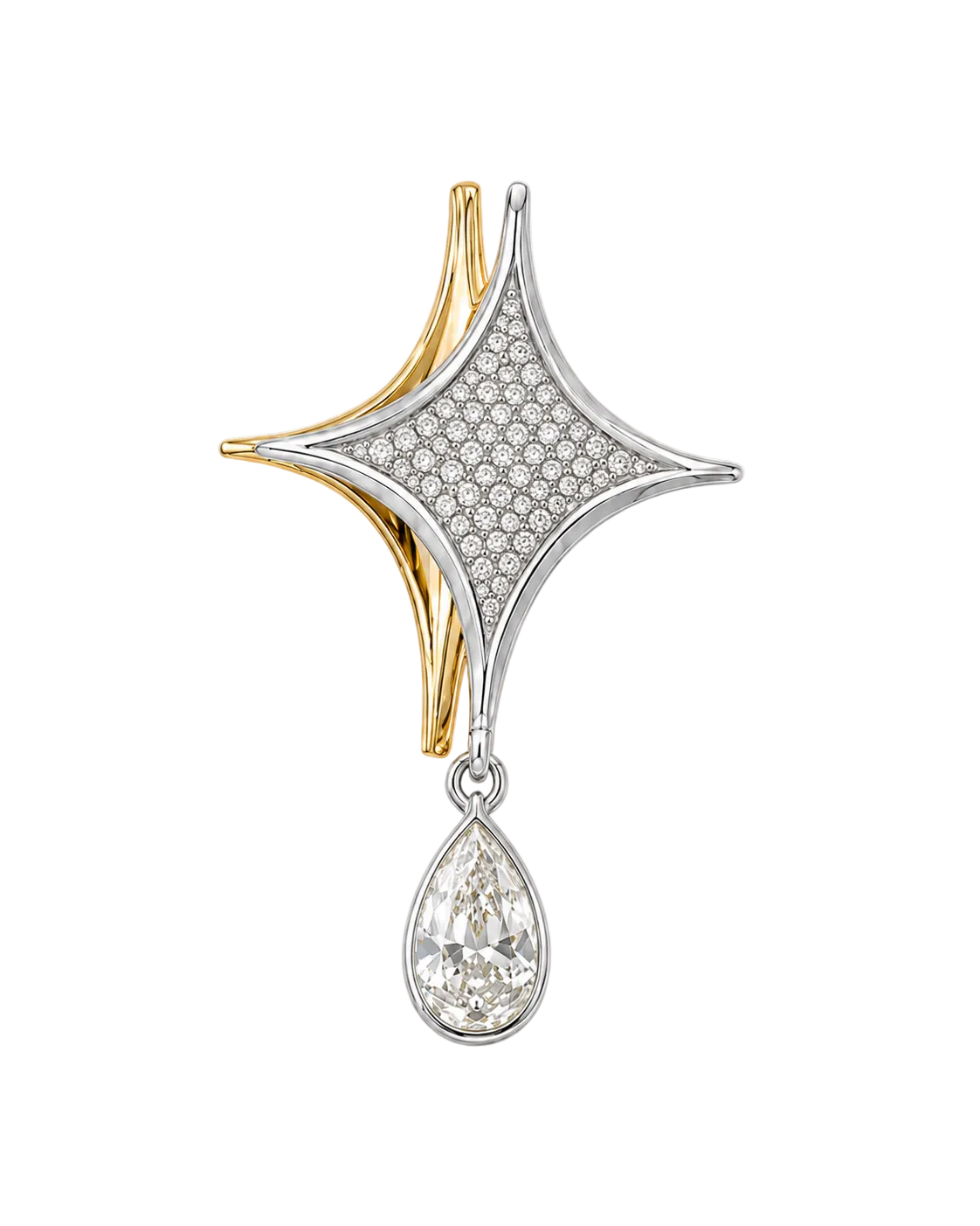 A two-tone star-shaped brooch with a pavé diamond center, gold curved accents, and a dangling pear-cut diamond, shown on a light cream background.